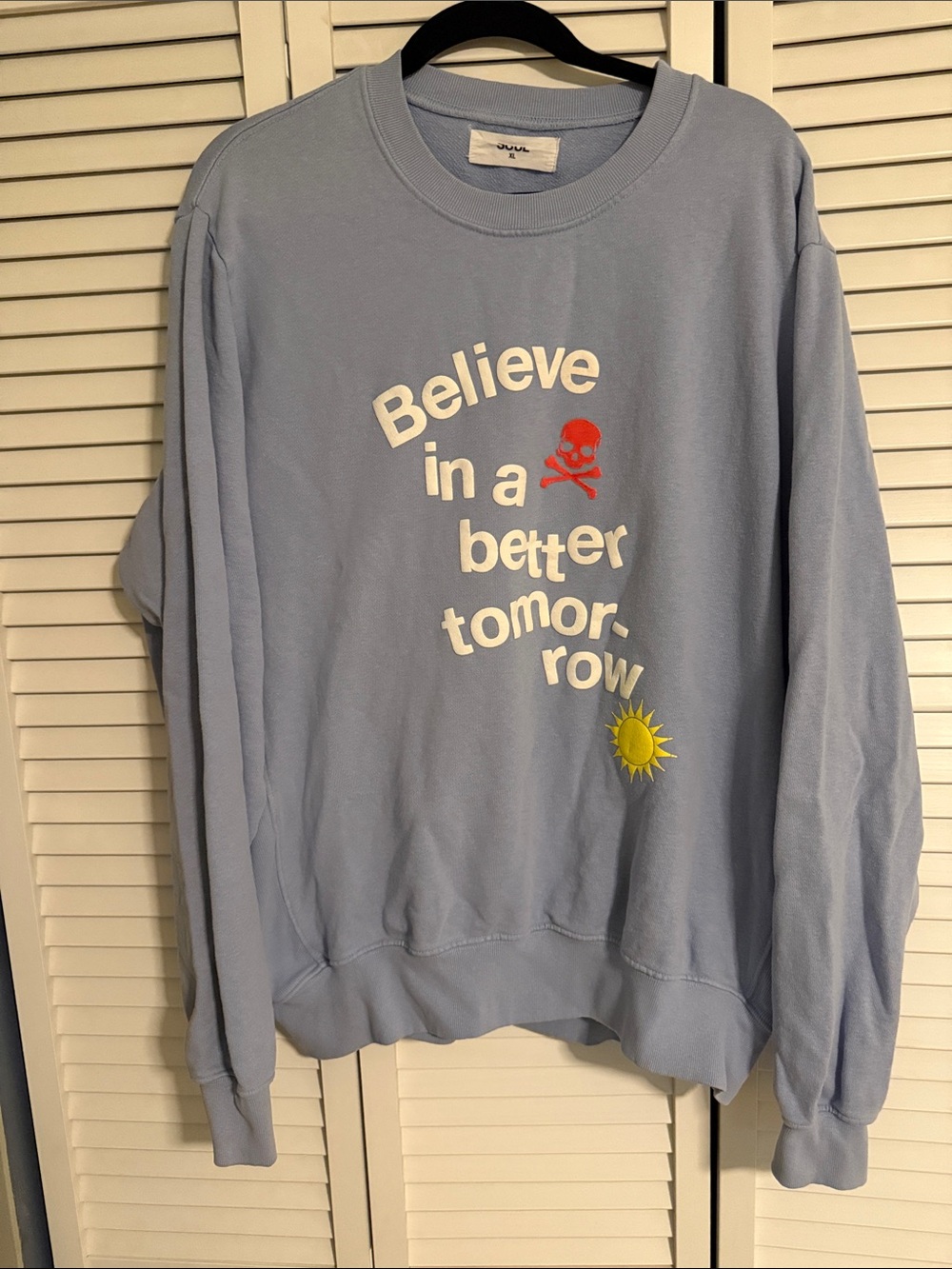soulcycle Light Blue Crewneck Sweatshirt with White Slogan & Red Skull